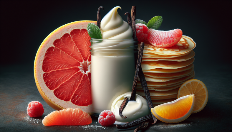 Trilogie de pamplemousse, yogourt glacé à la vanille et crêpes